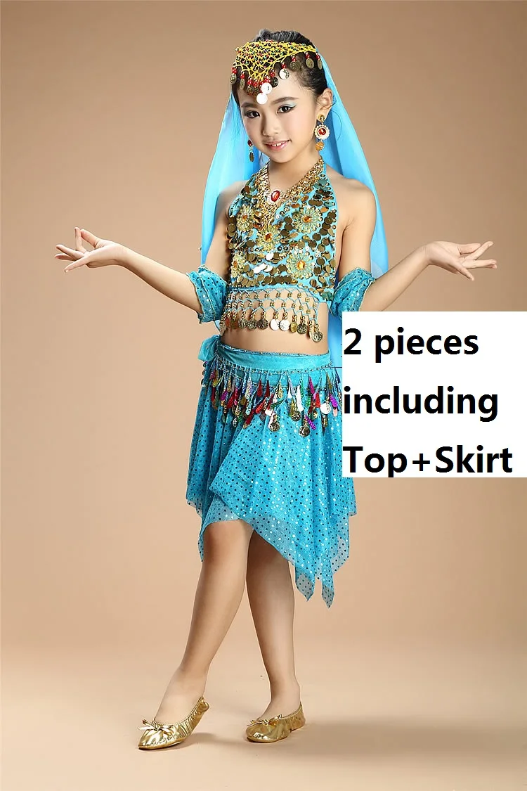 skyblue2pcs Кружевные детские танцевальные костюмы для девочек, восточные костюмы для танца живота, профессиональные Сексуальные Восточные платья для детей - Цвет: skyblue2pcs