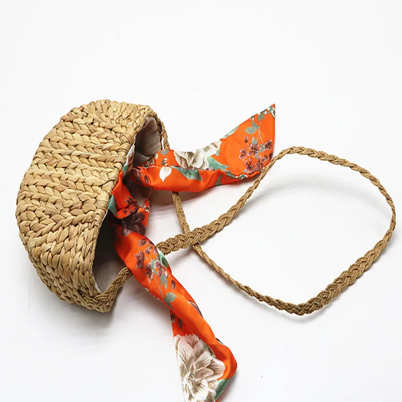 Summer Pumpkin Grass Strap Shoulder Bag Crossbody Woven Scarf Silk Tie Beach | Багаж и сумки