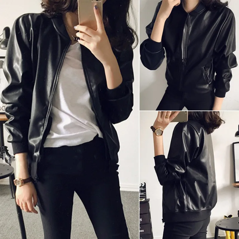 

2019 Fashion PU Leather Jacket Long Sleeved V-Neck Coat Women Slim Black Zipper Jackets