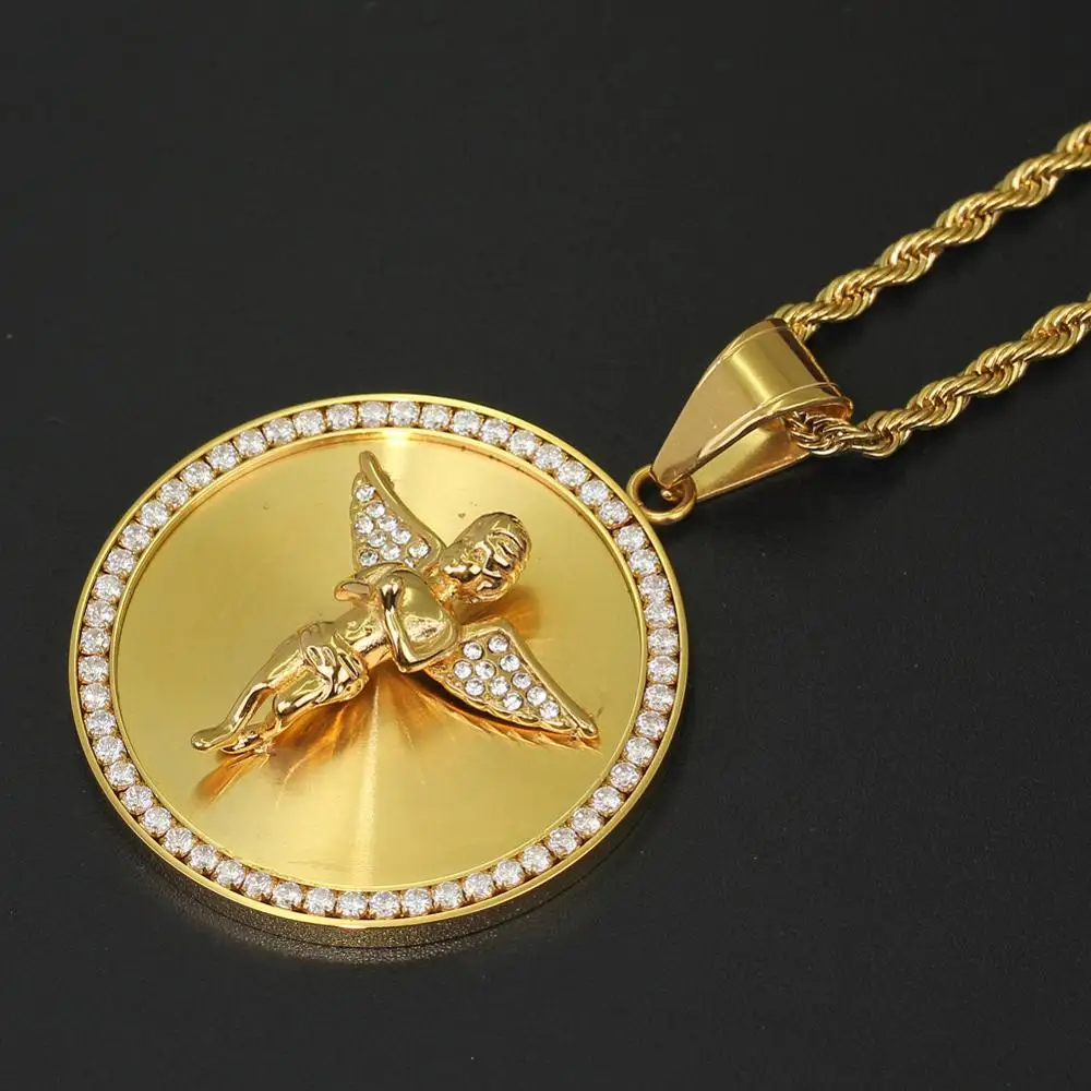

Покрытие AAA кубического циркония Iced out круглое ожерелье золотой маленький ангел кулон в стиле хип-хоп