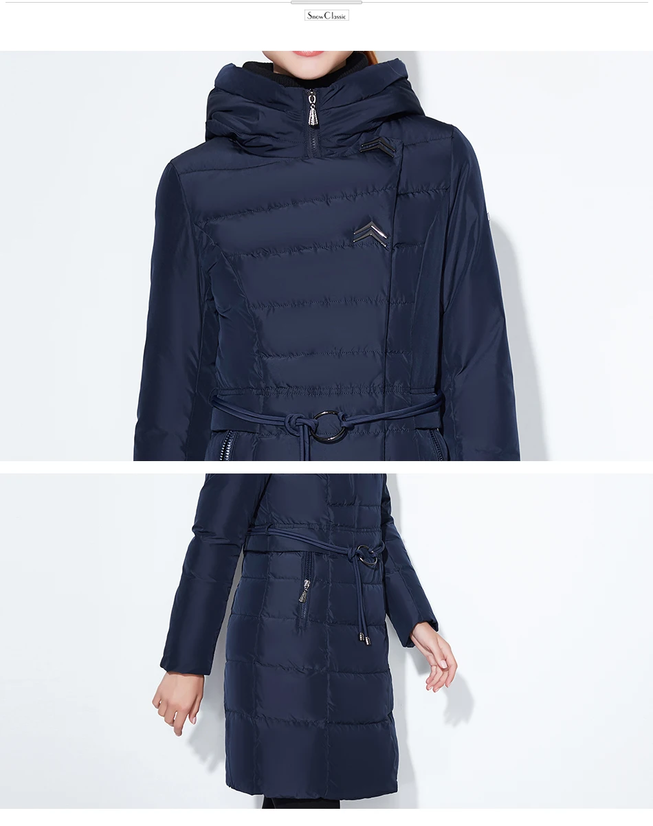 SnowClassic Модные женские зимняя куртка толстый длинное пальто куртки капюшон регулируемый пояс, теплая обувь с хлопчатобумажными стельками