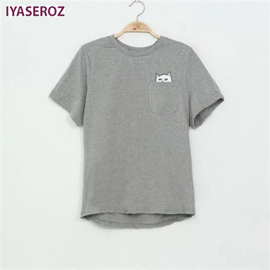 Женская футболка 2017 летняя стильная с принтом черный карман Кот Harajuku круглый