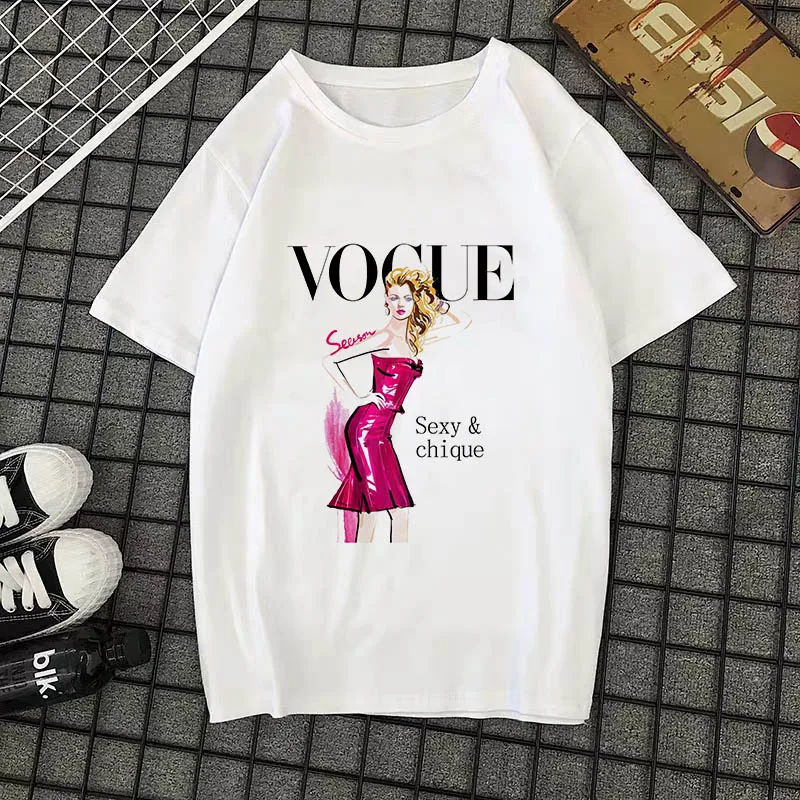 Летняя Новинка, модная женская футболка, VOGUE, с буквенным принтом, Harajuku, футболка с круглым вырезом и коротким рукавом, белые топы, женская одежда
