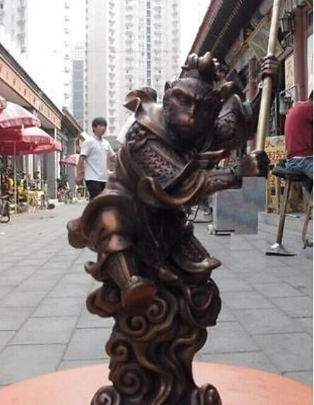 20 см Китайская народная бронзовая подставка Xiyouji Monkey King Sun Wu kong Wukong Статуя