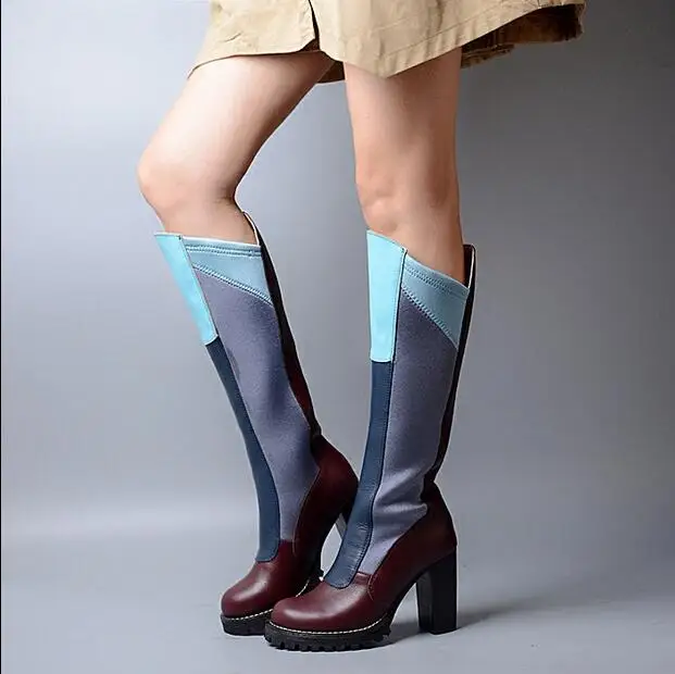 Patchwork Round Toe Knee-High Slip-On Thick high heel stretch boots designer Color mixing Women long shoes Free shipping | Обувь