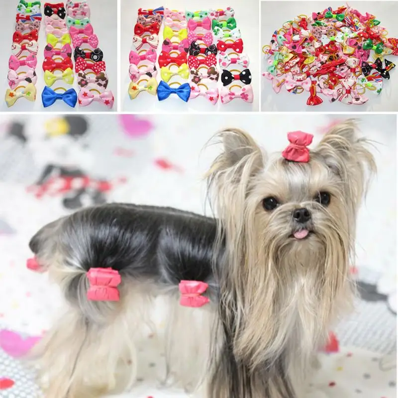 10PCS Bowknot Cute Dog Rubber Band Handmade Pet Grooming Accessories Mixed Ribbon Hair Bow Color random | Дом и сад