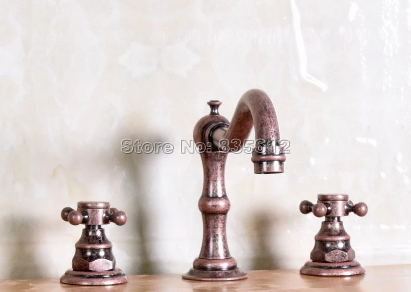 

Antique Copper Dual Handle Cold and Hot Water Mixer Sink Tap Bathroom Basin / Tub Faucet 3-hole Widespread Faucets Wnf173