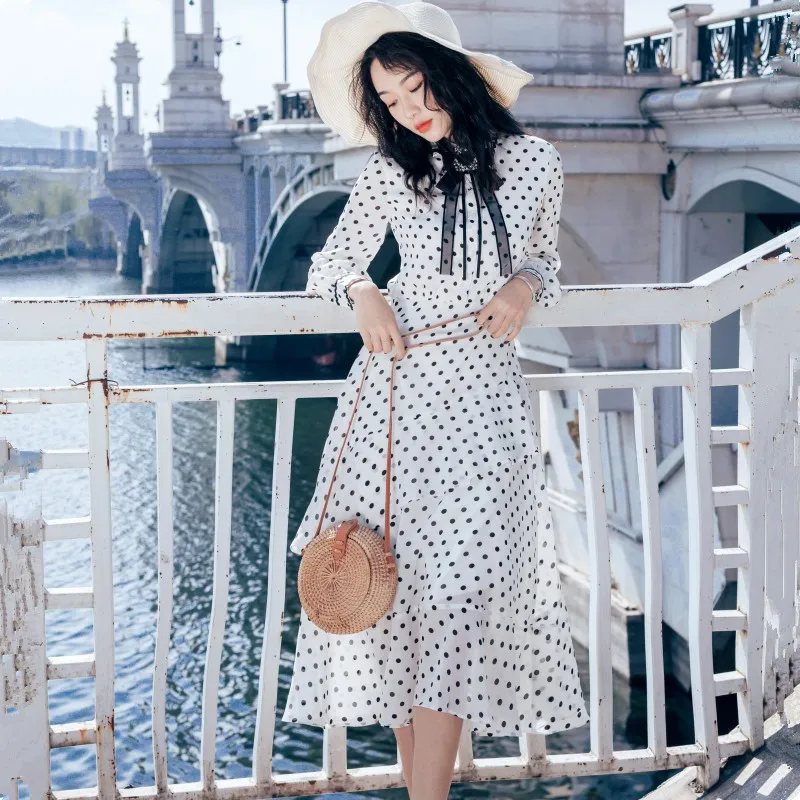 

Spring/summer Women's Vintage Mori Girl England Style Polka Dot Slim Chiffon Dress Hull Bow Cute Kawaii Mid-length Dress