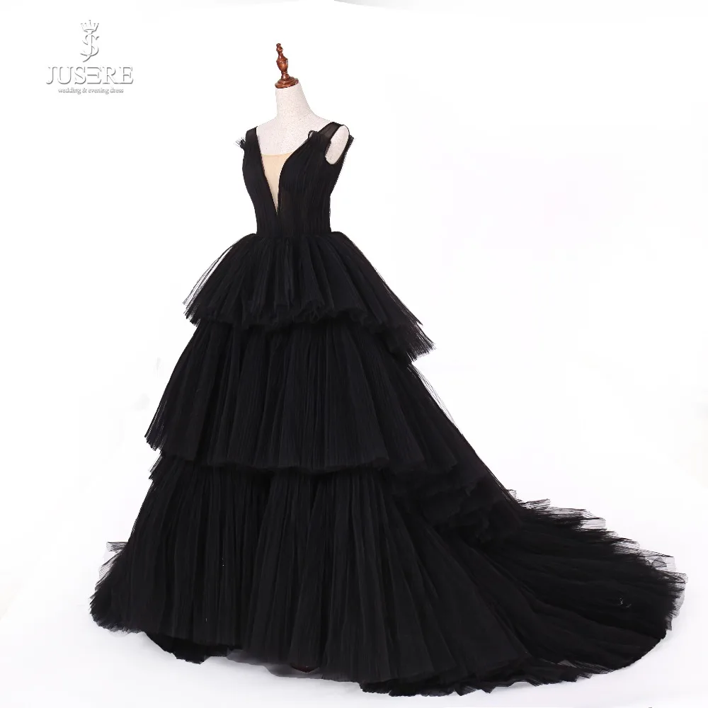 Jusere Real Photos Black Gothic Maxi Dress Prom Dresses Tired Cup Skirt Evening Dress With Tail 2019 New