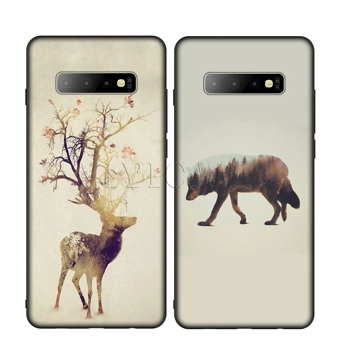 IYICAO Animal Double Exposure Wolf Bear Deer Wild Boar Silicone Soft Case for Samsung Galaxy S10 S9 S8 Plus S6 S7 Edge S10e E |