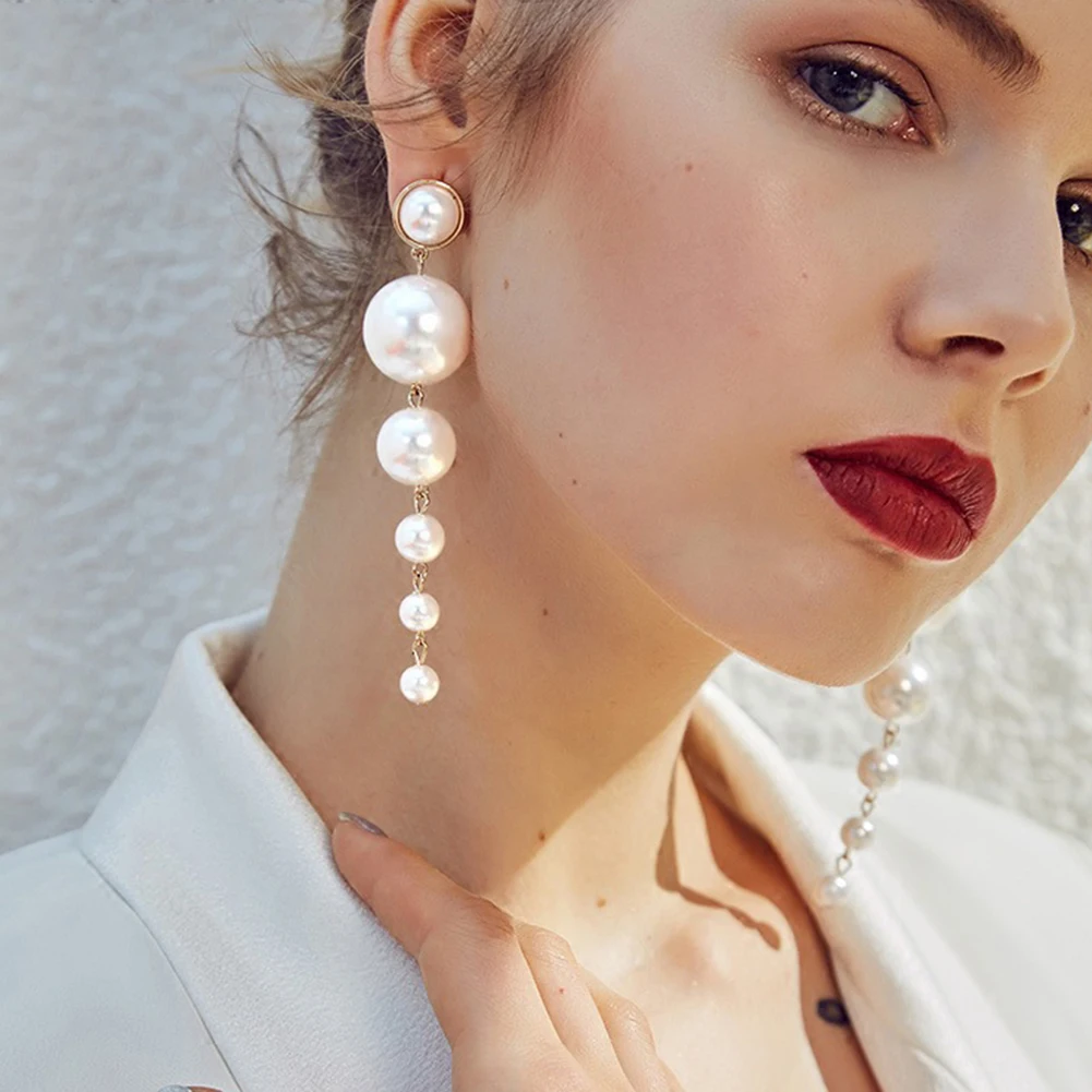 

Elegant Faux Pearls Long Earrings Pearls String Linear Dangle Wedding Party Gift