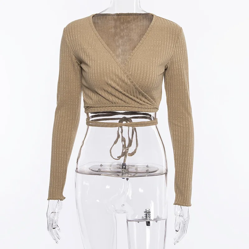 Сексуальный вязаный укороченный топ с v-образным вырезом для женщин 2018 Осенние
