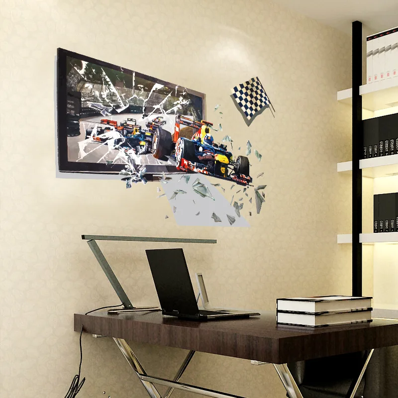 

Racing 3D Cracked Children Themed Art Boy Room Wall Sticker Home Decal Decor