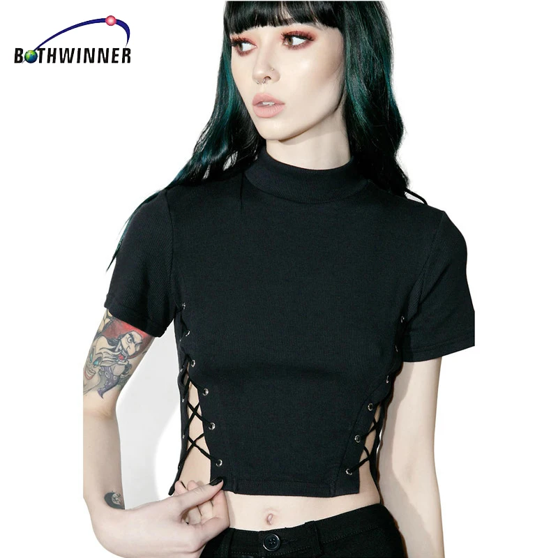 Женский короткий топ на шнуровке Bothwinner черный сексуальный с коротким рукавом