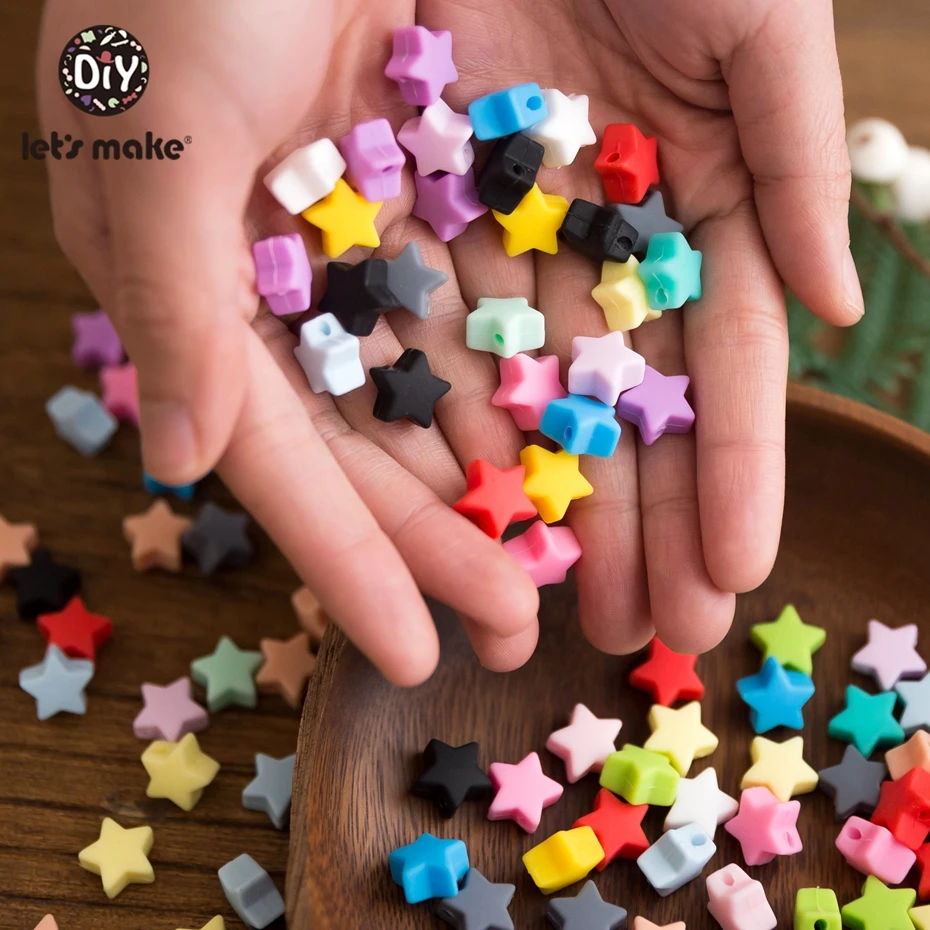 Let'S Make 50pc Silicone Teether Mini Star Teething Bead Diy Feeding Necklace Pacifier Chain Silicone Tiny Rod Teether Toy