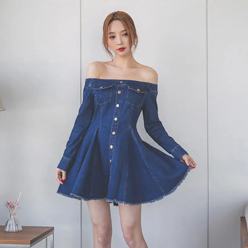 Новинка весна осень 2017 женское пикантное джинсовое платье с одним словенным