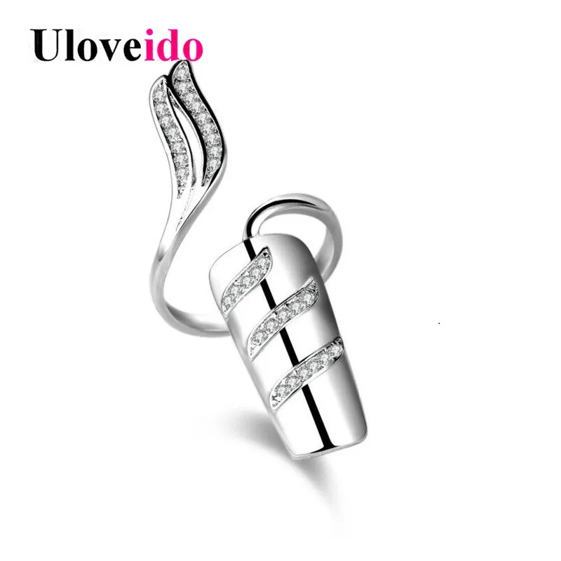 Uloveido палец кольцо циркония ногти Кольца для женщин Серебряный участник Кристалл