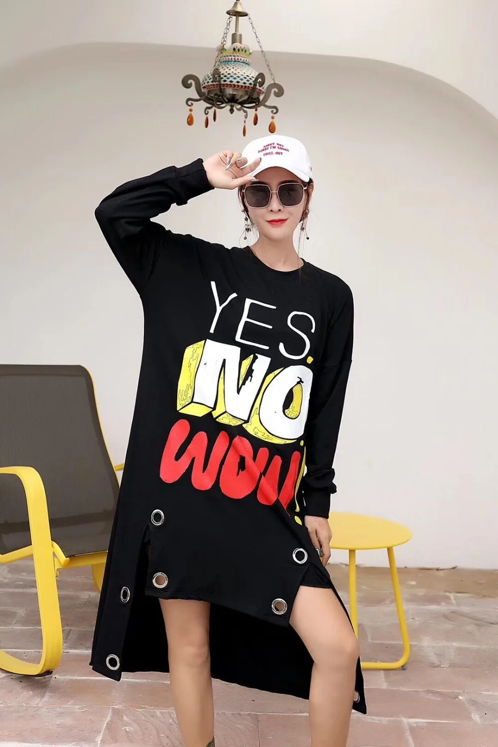 Female Letter Print Long Sleeve Tees Shirt Dress Street Wear Short Front After Autumn Hollow Out Irregular Dresses | Женская одежда