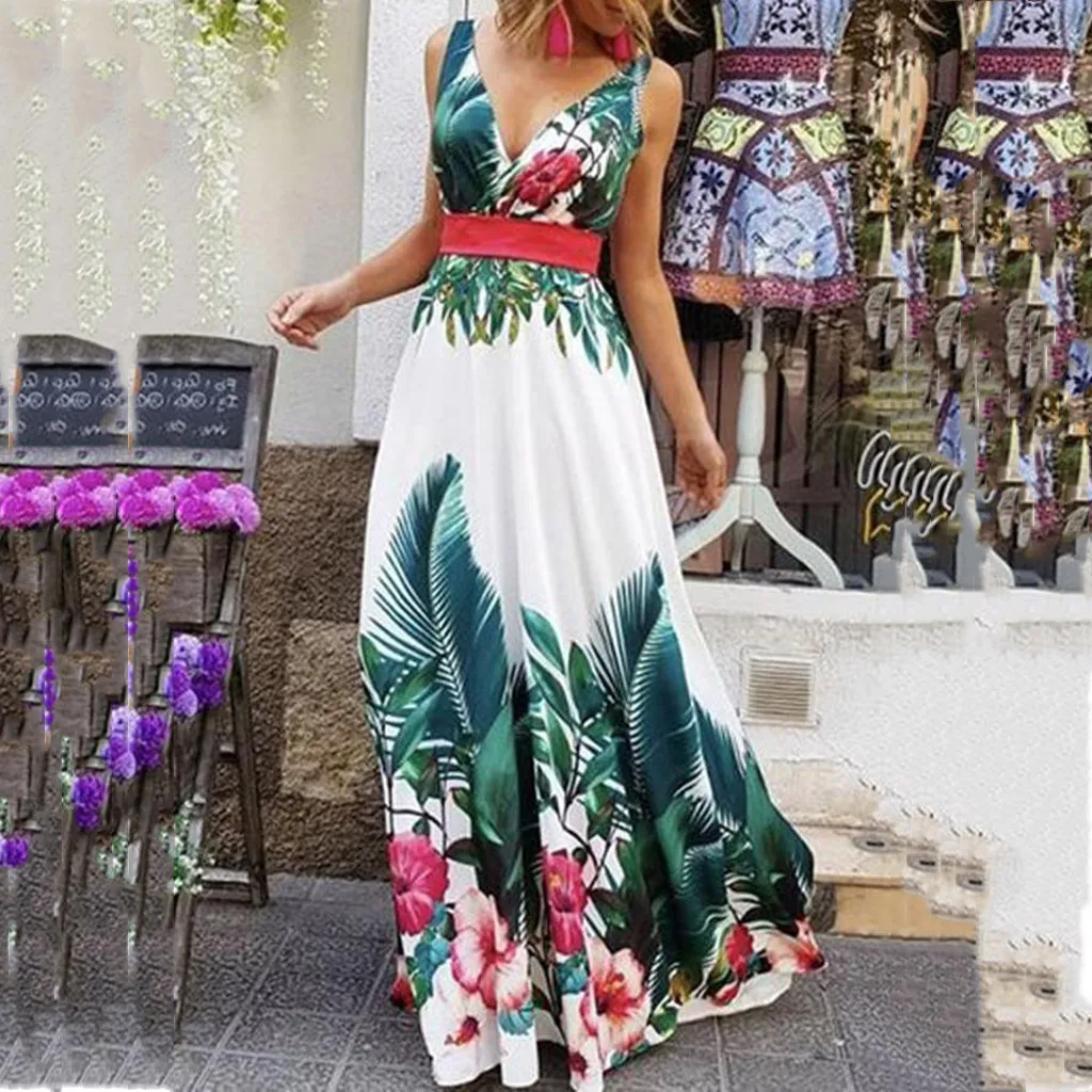 

Summer Vacation Maxi Dress Women Floral Printed V-Neck Sleeveless Collect Waist Boho Long Dresses Elegant Women Beach Dress Robe