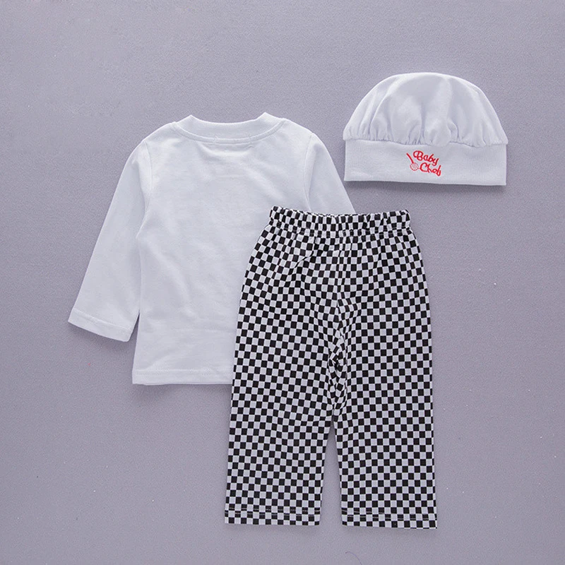 Baby boys sets chef play suit cotton white shirt+plaid pants+hat long sleeves toddler kids clothes outfit party costume |