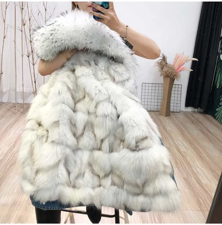 Хаки Зимняя женская Роскошная куртка из меха енота/лисы, Опушка из лисьего меха, джинсовая куртка, пальто, куртка с капюшоном, парка - Цвет: Хаки
