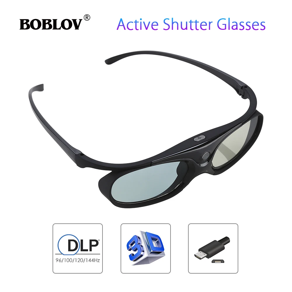 BOBLOV JX-30 3D Active Shutter Glasses DLP-Link 96Hz/144Hz USB Rechargeable Home Theater Black For BenQ Dell Acer 3D Projector