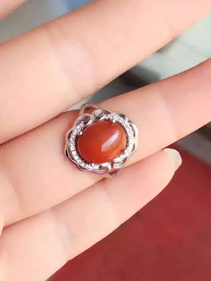 Natural south red agate Ring gemstone S925 sterling silver trendy Elegant Hollow round women party gift Jewelry | Украшения и