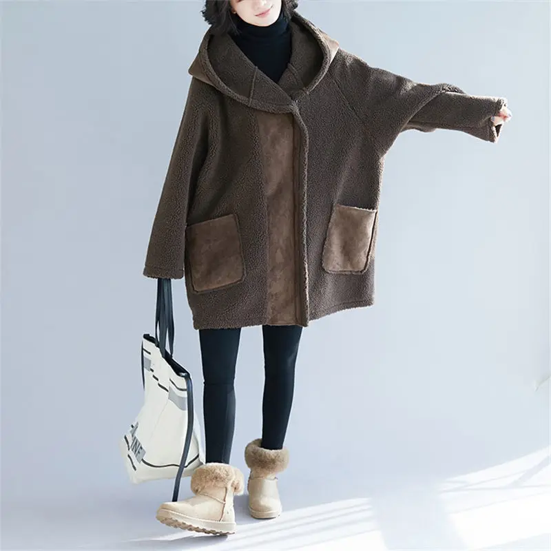 coffee women coats Женские куртки с капюшоном очень большого размера на весну и осень, плотное шерстяное пальто с длинными рукавами, корейские хлопковые кардиганы abrigos mujer f056 - Цвет: coffee women coats