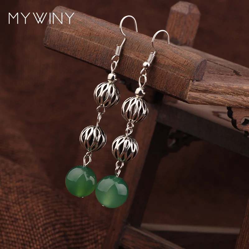 Женские винтажные серьги с Зелеными камнями висячие металлическими шариками в