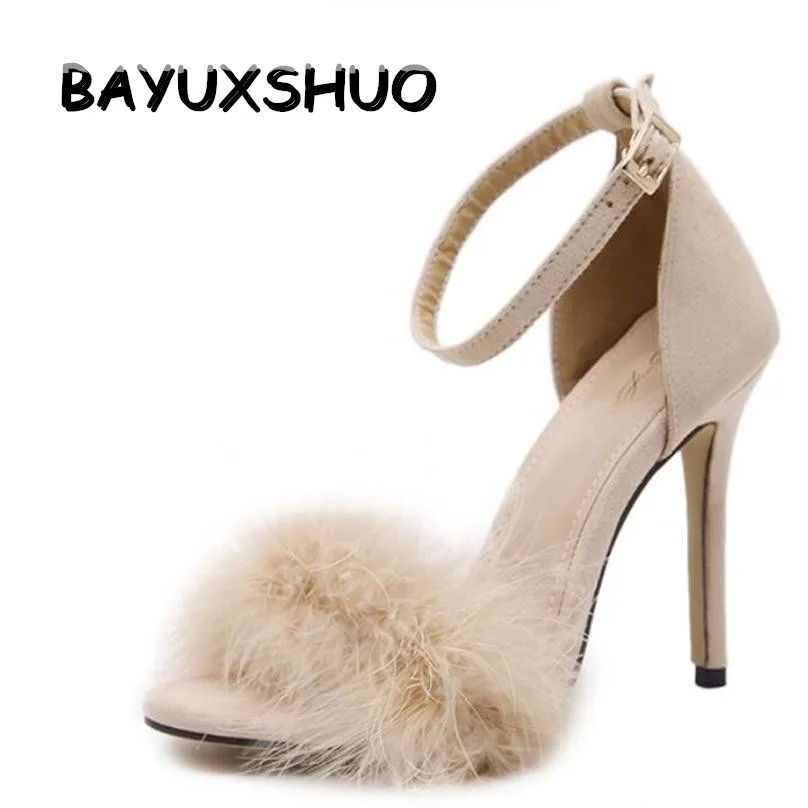 BAYUXSHUO/Брендовые женские босоножки знаменитостей на шпильках с перьями и пряжкой