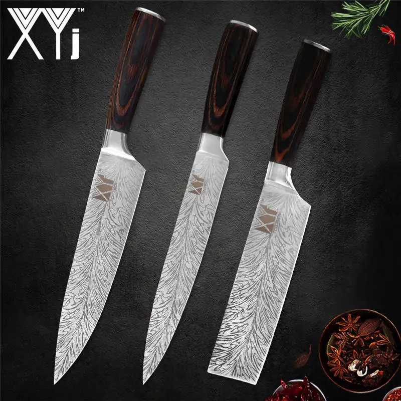 G.3pcs set XYj 8 шт. набор ножей из нержавеющей стали дамасский узор острый 7cr17 лезвие Нескользящая деревянная ручка мясной нож шеф-повара кухонный аксессуар - Цвет: G.3pcs set