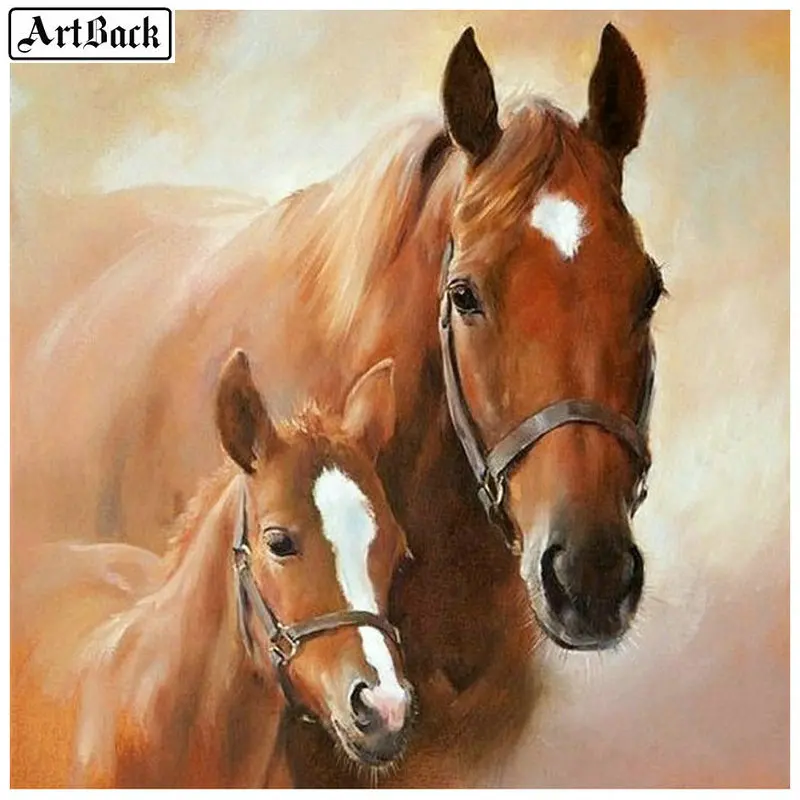 Алмазная 5d картина ARTBACK с изображением лошади матери и сына полностью круглая
