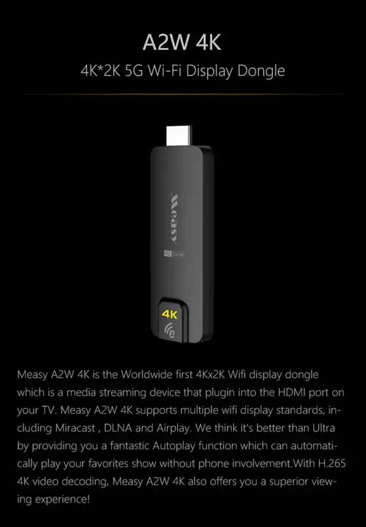 MEASY A2W 4K tv Dongle двухдиапазонный 2,4 ГГц 5 ГГц WiFi Miracast Airplay DLNA tv Stick Поддержка 4K EZCast WiFi Дисплей dongle