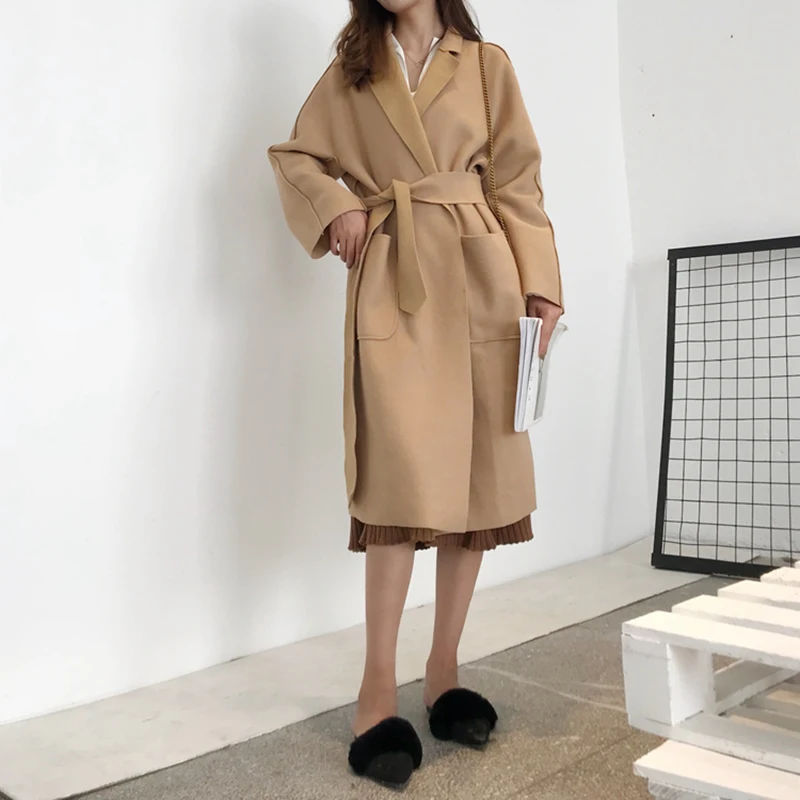 Женское длинное шерстяное пальто Офисная верхняя одежда верблюжьей расцветки с