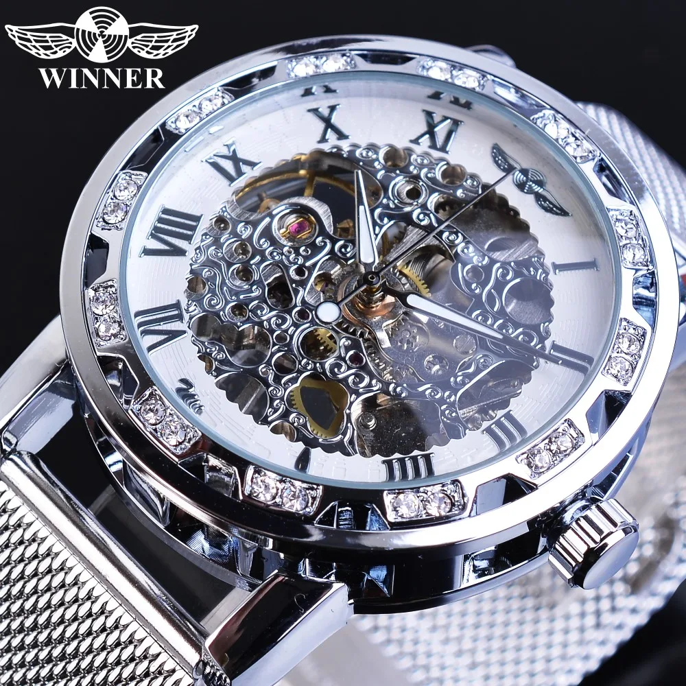 

Winner Men Mechanical Watch Silver Crystal Mesh Steel Strap Automatic Watches Luxury Wristwatch Business Sport Relogio Masculino