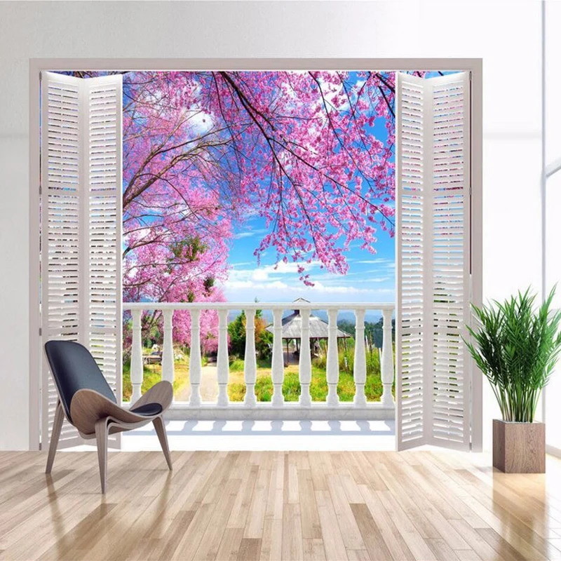 3D Foto Murale carta Da Parati Foto Falsa Finestra Vista Romantico Cherry Blossoms Parete Murale Soggiorno camera Da Letto Carta Da Parati Decorativa