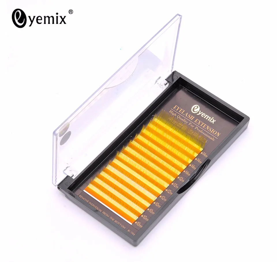 Eyemix 10 12 14 мм микс длина один лоток желтый цвет шелковые ресницы ручной работы синтетическое цветное индивидуальное наращивание ресниц