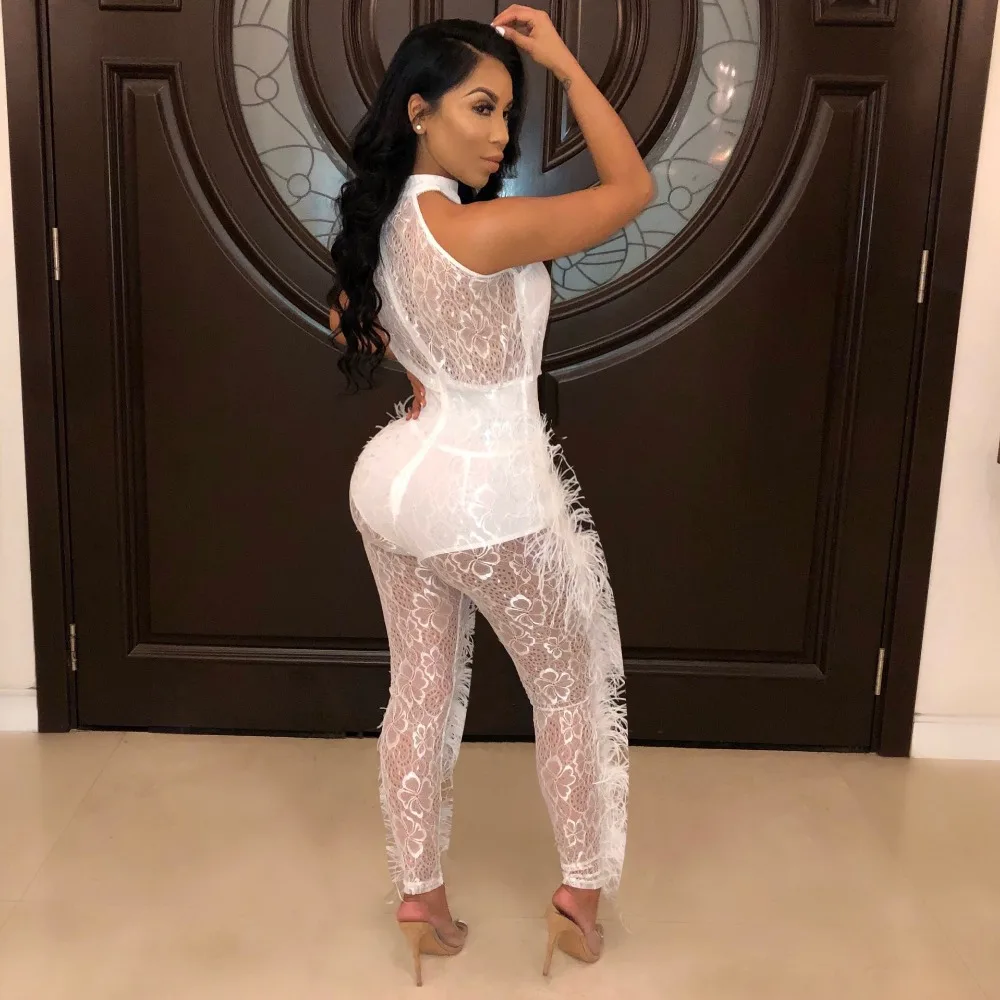 

High Quality Sleeveless Halter Fur Patchwork Women Club Outfits Women Jumpsuits