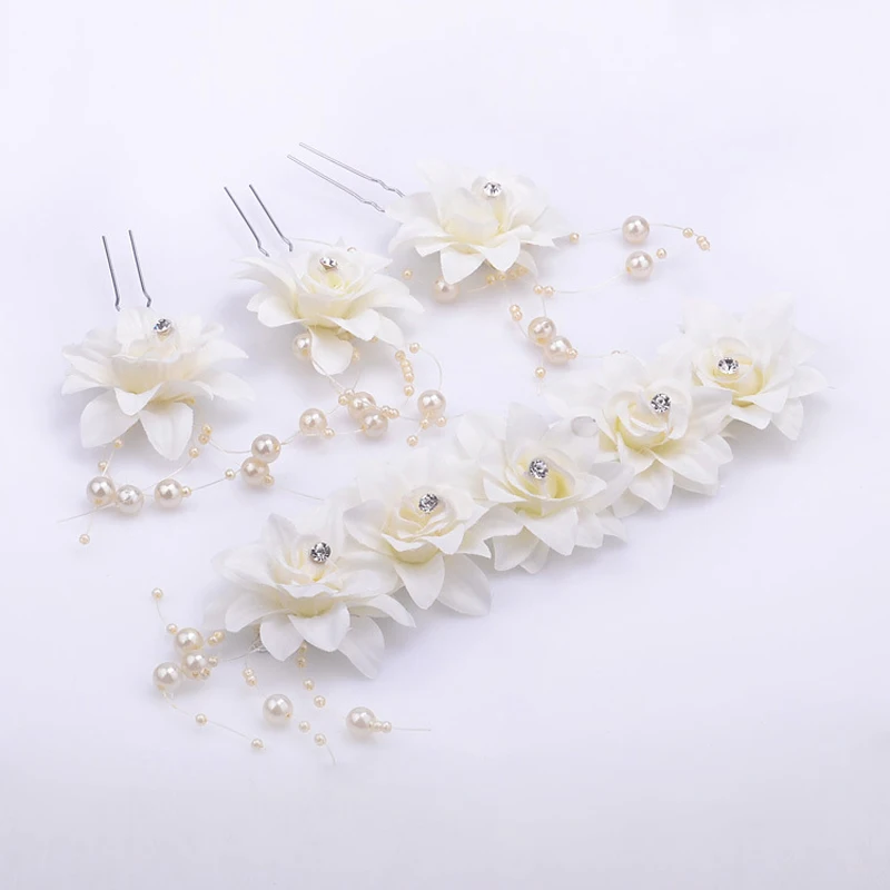 1 Set Handmade Red Beige Wedding Hair Flower With Hairpin Crystal Bride Headdress Pearl Headpiece For Women Headband Accessories