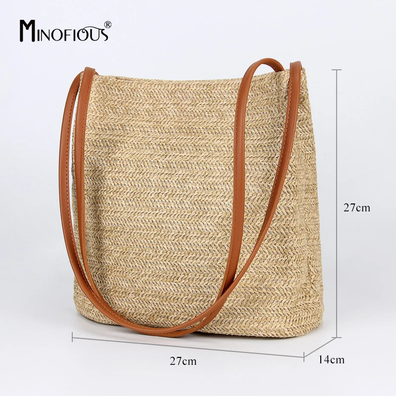 

MINOFIOUS Women Straw Shoulder Bag Summer Beach Tote Bag Rattan Woven Handmade Knitted Handbag Womens Leather Messenger Bag