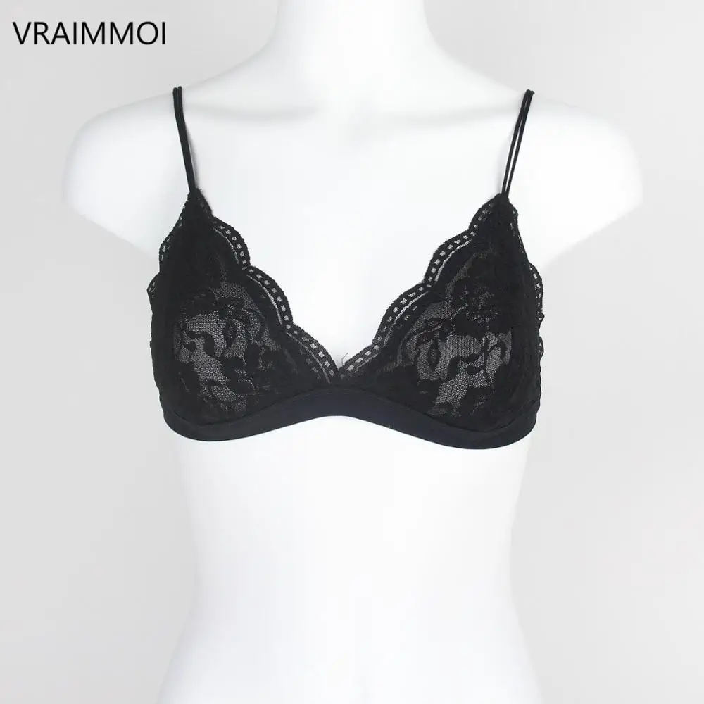 BLACK VRAIMMOI сексуальный кружевной тонкий треугольный бюстгальтер для женщин нижнее белье беспроводное Прозрачное нижнее белье пуш-ап бюстгальтеры однотонный белый/черный бюстгальтер - Цвет: BLACK