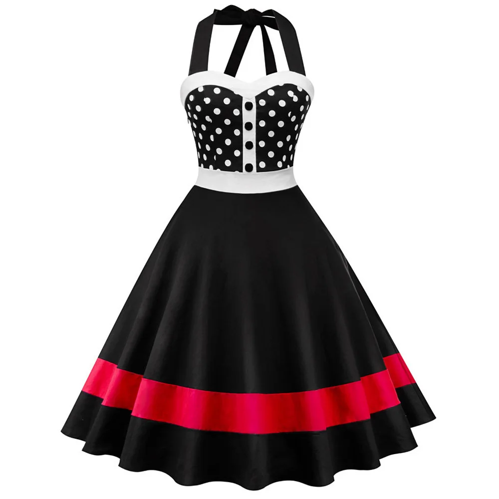 Joineles Polka Dot Print Halter Vintage Dress Women Sleeveless Summer Pin Up Swing Rockabilly Party Dresses Tunic Vestidos | Женская