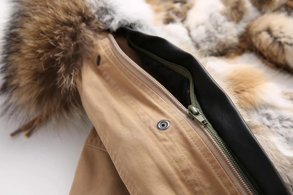 JAZZEVAR Женский куртки армейский зеленый большой енот мех с капюшоном длинная парка верхняя одежда натуральный мех кролика подкладка зимняя куртка