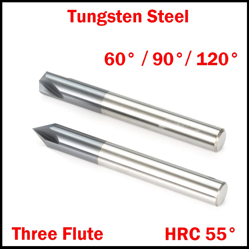 

1Pc 8mm 10mm 12mm 60 90 120 Degree Tungsten Solid Carbide HRC55 3 Flute Router Bit Chamfer End Mill Chamfering Milling Cutter