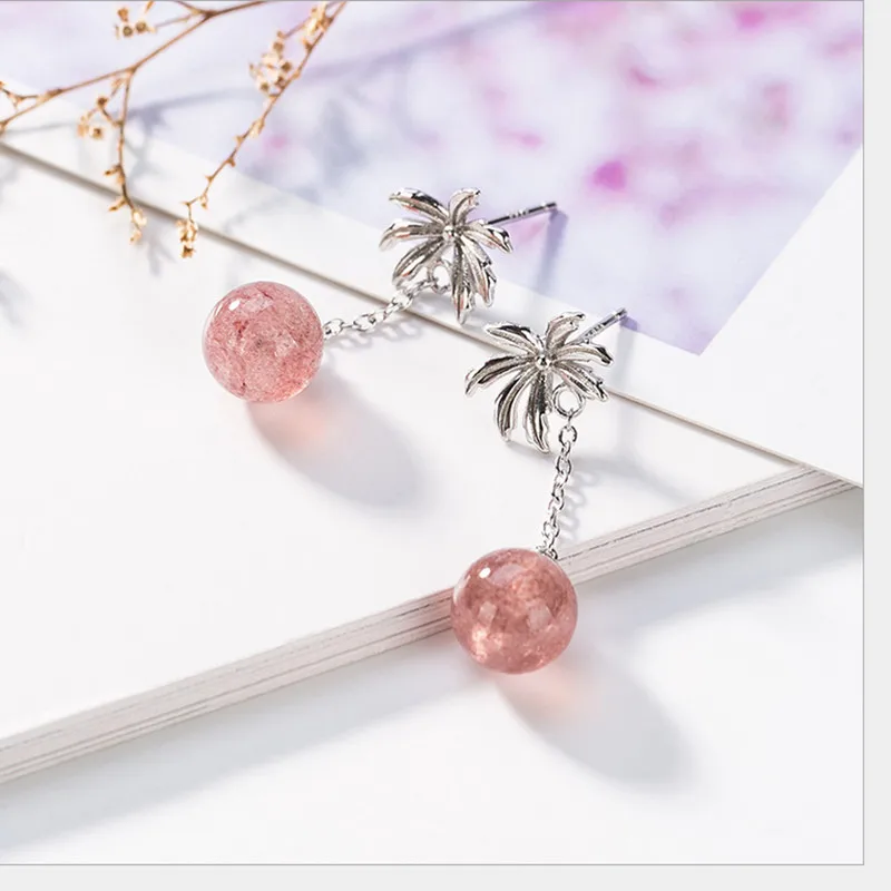 Uglyless Real Thai Silver Handmade Coconut Earrings Women Strawberry Quartz Pink Ball Fine Jewelry Solid 925 Bijoux | Украшения и