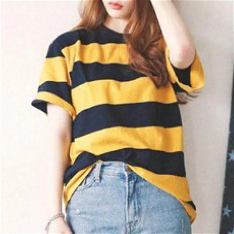 Футболка женская в желтую полоску пикантный Свободный Топ с коротким рукавом