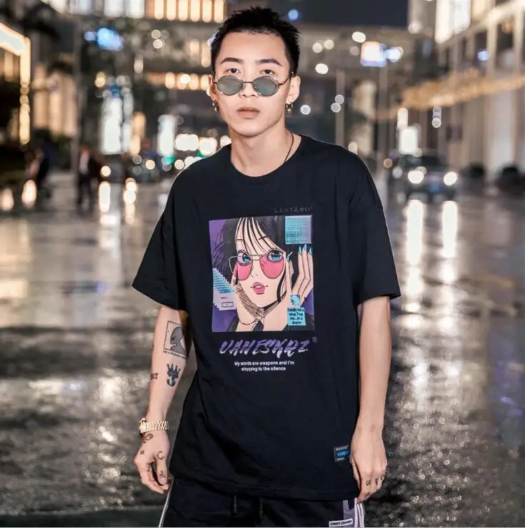 Японская девушка печати уличная Летняя мужская веселое Harajuku Повседневная