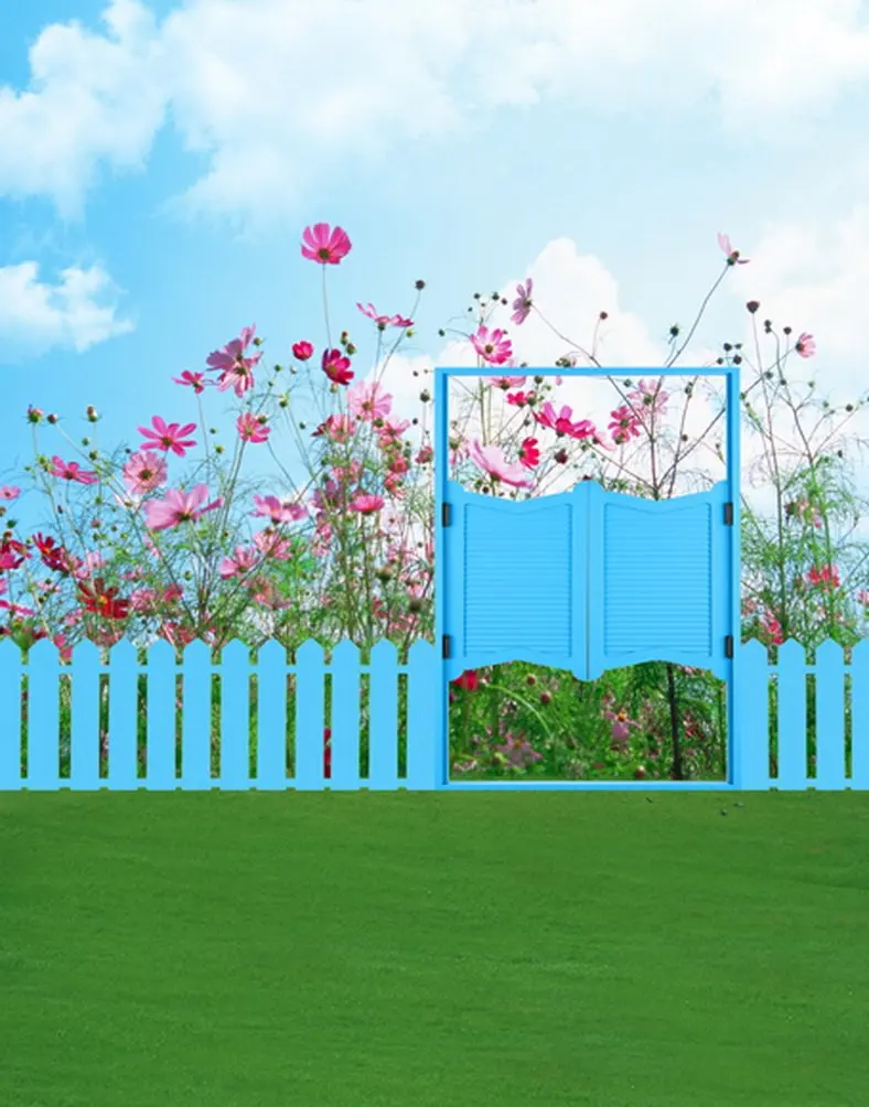 

Pink Flowers Lawn Blue Fence Photography Backdrops Photo Props Studio Background 5x7ft