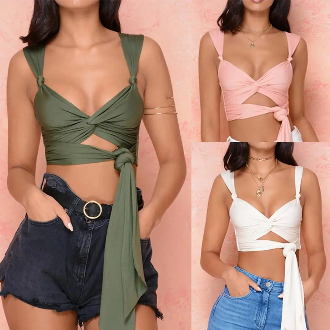 Женская Однотонная рубашка с v образным вырезом без рукавов на шнуровке короткий