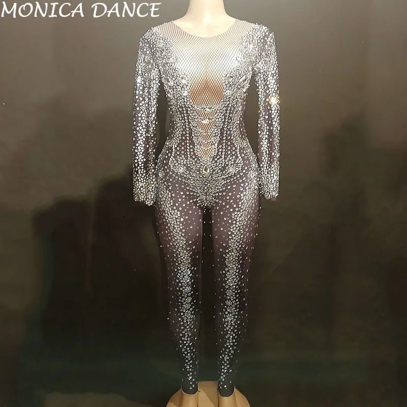 Sexy Stage Stretch Rhinestones Jumpsuit Women's Stage Nightclub Birthday Costume Dance Outfit Performance Rompers Dance Jumpsuit